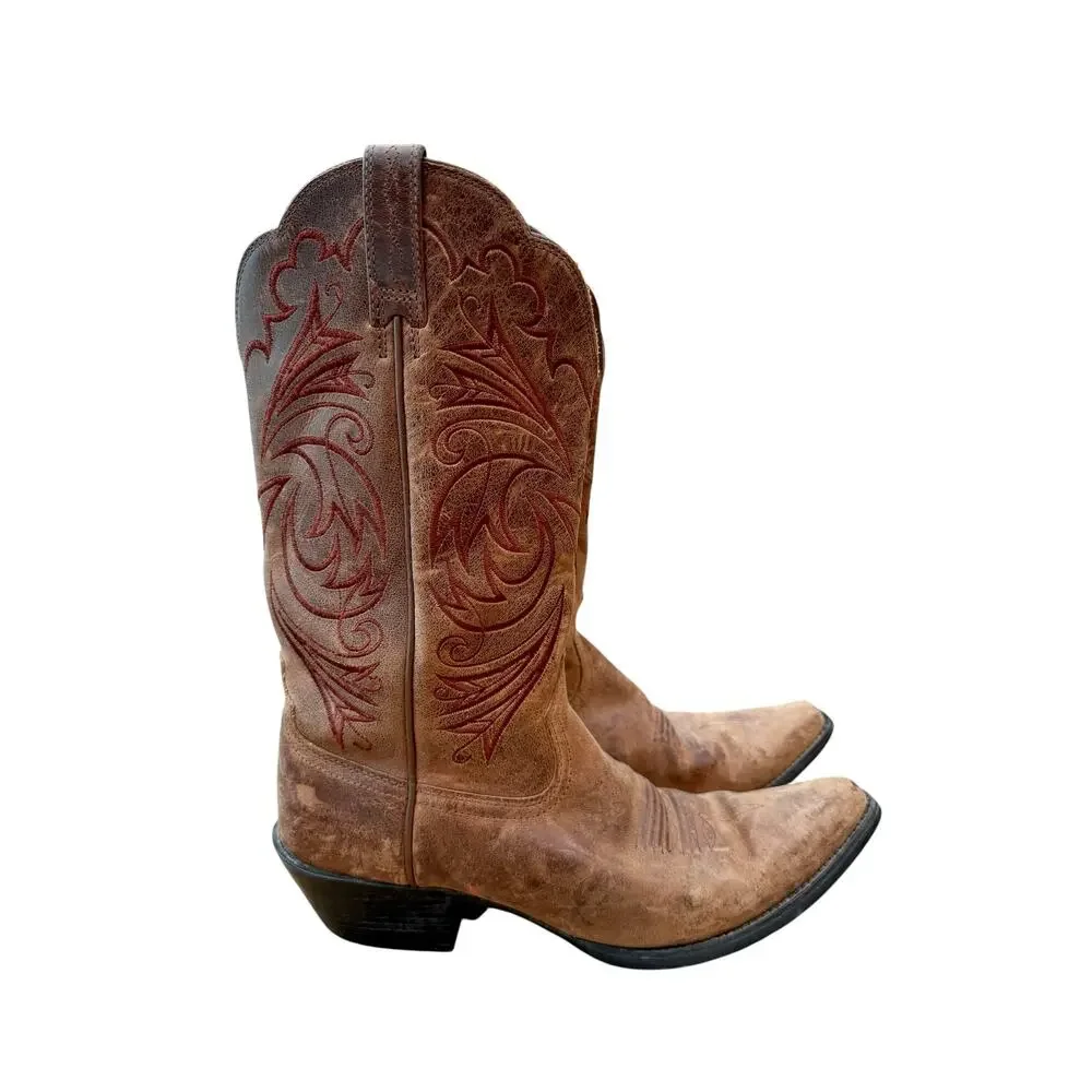 Ariat Women’s 9 B Brown Leather Embroidered Snip Toe Western Cowboy Boots